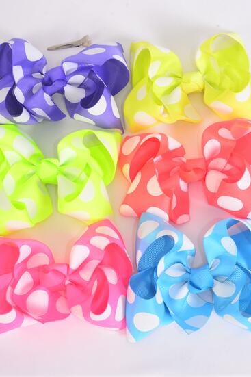 Hair Bow Jumbo Caribbean Neon Polka dots Grosgrain Bow-tie / 12 pcs Bow = Dozen Caribbean Neon , Alligator Clip , Size - 6" x 5" Wide , 2 of each Pattern Mix , Clip Strip & UPC Code