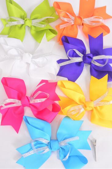 Hair Bow Jumbo Center Metallic Silver Bowtie  Grosgrain Bowtie Citrus /  12 pcs Bow = Dozen Alligator Clip , Size - 6" x 5" Wide , 2 White , 2 Hot Pink , 2 Blue , 2 Purple , 2 Yellow , 1 Orange , 1 Lime Color Asst , Clip Strip & UPC Code