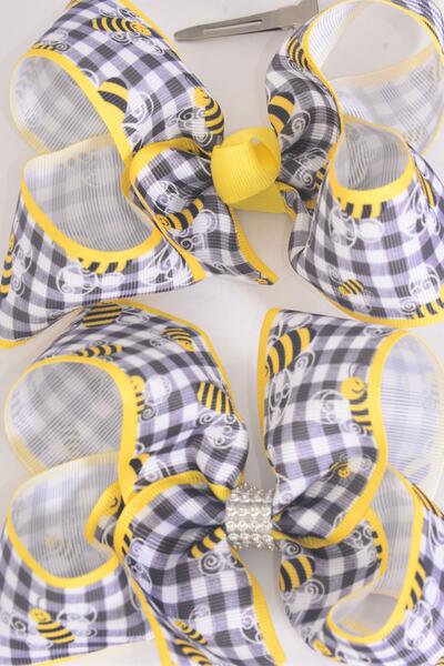 Hair Bow Jumbo Honey Bee Plaid / 12 pcs Bow = Dozen Bee , Alligator Clip , Size - 6" x 5" Wide , Clip Strip & UPC Code