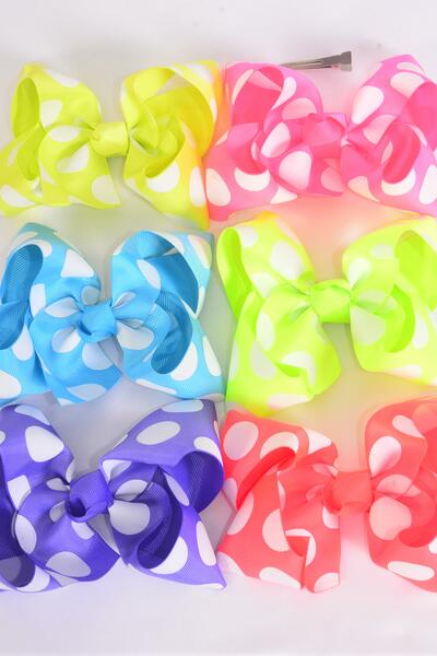 Hair Bow Jumbo Caribbean Neon Polka dots Grosgrain Bow-tie / 12 pcs Bow = Dozen Caribbean Neon , Alligator Clip , Size - 6" x 5" Wide , 2 of each Pattern Mix , Clip Strip & UPC Code