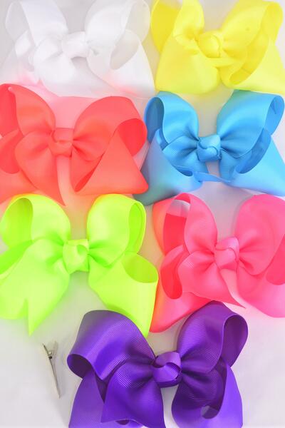 Hair Bow Jumbo Caribbean Neon Grosgrain Bow-tie / 12 pcs Bow = Dozen Alligator Clip , Size - 6" x 5" Wide , 2 White , 2 Pink , 2 Turquoise , 2 Purple , 2 Orange , 1 Yellow , 1 Lime Color Mix , Clip Strip & UPC Code.