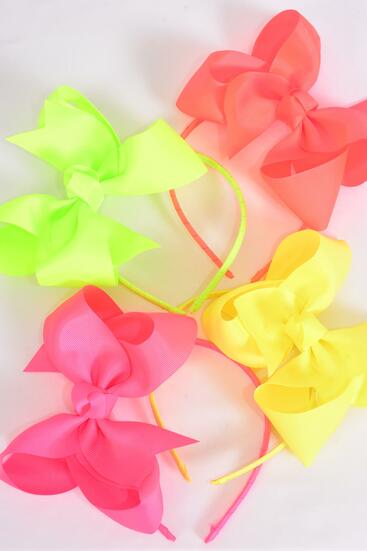 Headband Horseshoe Jumbo Neon Grosgrain Bow-tie / 12 pcs = Dozen  Bow Size - 6" x 5" Wide , 3 Neon Orange , 3 Neon Green , 3 Neon Pink , 3 Neon Yellow Color Mix , Hang Tag & UPC Code , W Clear Box-