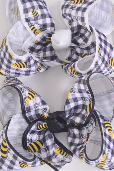 Hair Bow Jumbo Honey Bee Plaid / 12 pcs Bow = Dozen Bee , Alligator Clip , Size - 6" x 5" Wide , 6 Of each Pattern Asst , Clip Strip & UPC Code