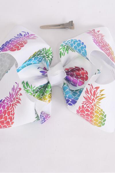 Hair Bow Jumbo Pineapple Iridescent Holographic  Grosgrain Bow-tie / 12 pcs Bow = Dozen Holographic , Alligator Clip , Size - 6" x 5" Wide , Clip Strip & UPC Code