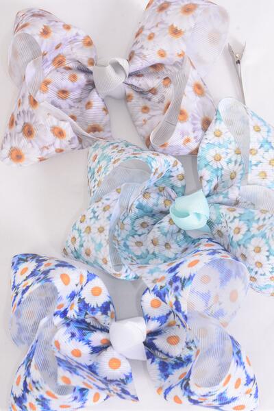 Hair Bow Jumbo Daisy Flower Mix Grosgrain Bow-tie /  12 pcs Bow = Dozen Daisy , Alligator Clip , Size - 6" x 5" Wide , 4 of each Pattern , Clip Strip & UPC Code