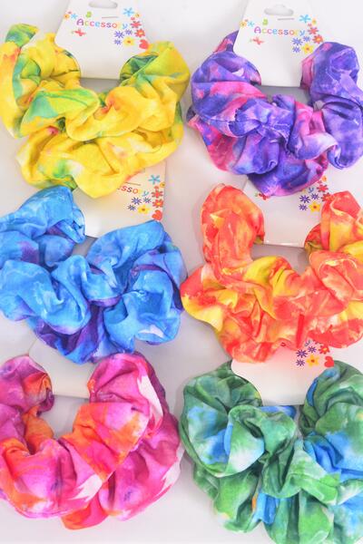Scrunchies 24 pcs Cotton Stretch Tiedye Water Color Mix / 12 card = Dozen Stretch , 2 Of each Pattern Asst , Hang Tag & OPP Bag & UPC Code