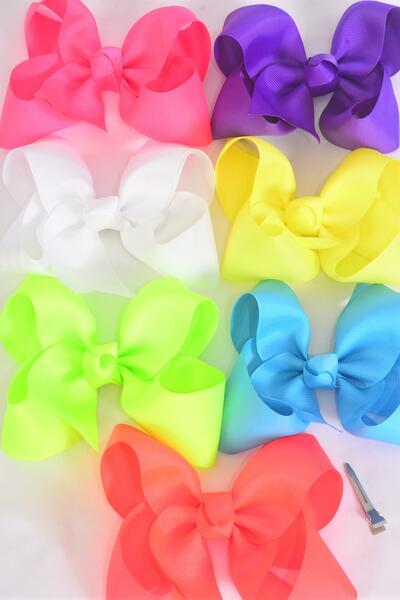 Hair Bow Jumbo Caribbean Neon Grosgrain Bow-tie / 12 pcs Bow = Dozen Alligator Clip , Size - 6" x 5" Wide , 2 White  , 2 Pink , 2 Turquoise , 2 Purple , 2 Orange , 1 Yellow , 1 Lime Color Mix , Clip Strip & UPC Code.