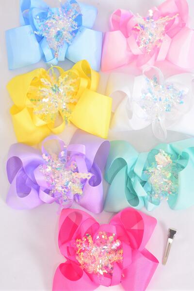 Hair Bow Jumbo Iridescent Grosgrain Bow-tie Pastel / 12 pcs Bow = Dozen Alligator Clip , Size - 6" x 5" Wide , 2 White , 2 Baby Pink , 2 Lavender , 2 Blue , 2 Yellow , 1 Hot Pink , 1 Mint Green Asst , Clip Strip & UPC Code