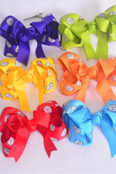 Hair Bow Jumbo Double Layered Volleyball Sport Multi Grosgrain Bow-tie / 12 pcs Bow = Dozen Alligator Clip , Size - 6" x 5" Wide , 2 Of each Pattern Asst , Clip Strip & UPC Code