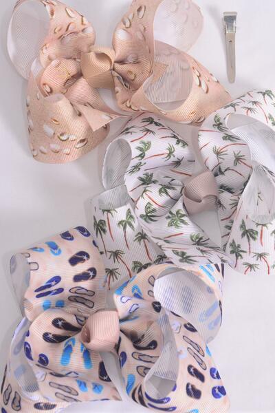 Hair Bow Jumbo Sand Footprints Seashell Flip Flop Pam Tree Grosgrain Bow-tie / 12 pcs Bow = Dozen   Alligator Clip , Bow - 6" x 5" Wide , 4 of each Pattern Asst , Clip Strip & UPC Code