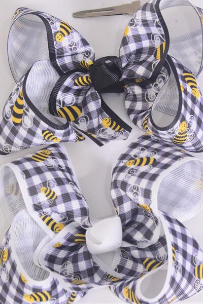Hair Bow Jumbo Honey Bee Plaid / 12 pcs Bow = Dozen Bee , Alligator Clip , Size - 6" x 5" Wide , 6 Of each Pattern Asst , Clip Strip & UPC Code