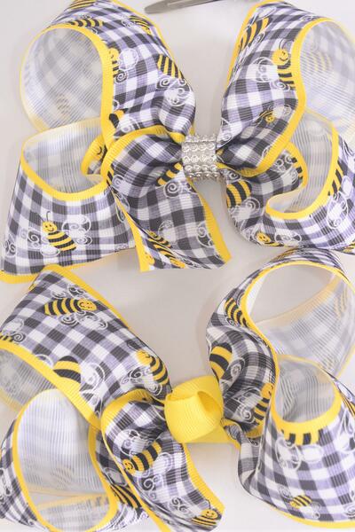 Hair Bow Jumbo Honey Bee Plaid / 12 pcs Bow = Dozen Bee , Alligator Clip , Size - 6" x 5" Wide , Clip Strip & UPC Code