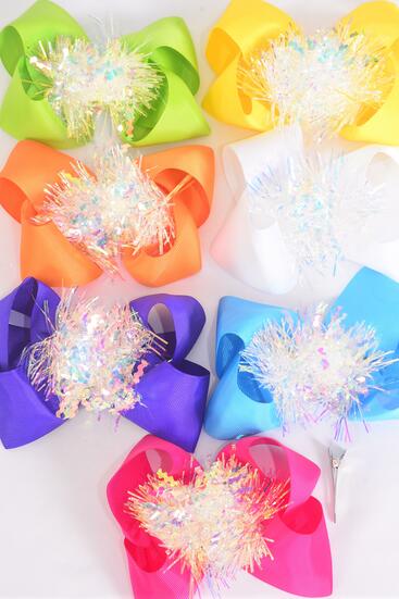 Hair Bow Jumbo Iridescent Grosgrain Bow-tie Citrus / 12 pcs Bow = Dozen Alligator Clip , Size - 6" x 5" Wide , 2 Fuchsia , 2 Blue , 2 Yellow , 2 Purple , 2 White , 1 Lime , 1 Orange Color mix , Clip Strip & UPC Code