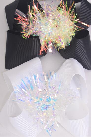 Hair Bow Jumbo Iridescent Grosgrain Bow-tie Black White Mix / 12 pcs Bow = Dozen Alligator Clip , Size - 6" x 5" Wide , 6 Black , 6 White Color Asst , Clip Strip & UPC Code