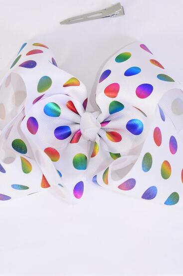 Hair Bow Jumbo Metallic Holographic Polka dots Grosgrain Bow-tie / 12 pcs Bow = Dozen Alligator Clip , Size - 6" x 5" Wide , 6 of each Pattern Asst , Clip Strip & UPC Code