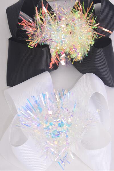 Hair Bow Jumbo Iridescent Grosgrain Bow-tie Black White Mix / 12 pcs Bow = Dozen Alligator Clip , Size - 6" x 5" Wide , 6 Black , 6 White Color Asst , Clip Strip & UPC Code