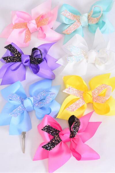Hair Bow Jumbo Pastel Center Metallic Bowtie Grosgrain Bow-tie / Dozen Alligator Clip , Size - 6" x 5" Wide , 2 White , 2 Pink , 2 Yellow , 2 Lavender , 2 Blue , 1 Hot Pink , 1 Mint Color Mix , Clip Strip & UPC Code