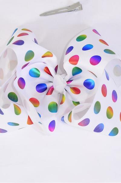 Hair Bow Jumbo Metallic Holographic Polka dots Grosgrain Bow-tie / 12 pcs Bow = Dozen Alligator Clip , Size - 6" x 5" Wide , 6 of each Pattern Asst , Clip Strip & UPC Code
