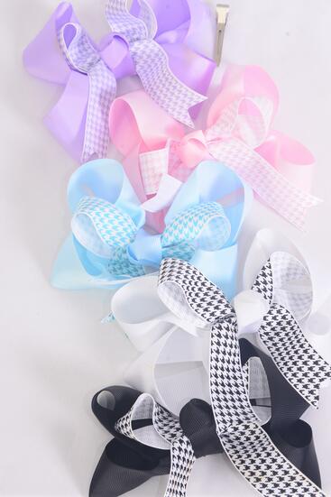 Hair Bow Jumbo Double Layered Center Hound tooth Grosgrain Bow-tie / 12 pcs Bow = Dozen Pastel , Alligator Clip , Size - 6" x 5" Wide , 3 Black , 3 White , 2 Pink , 2 Blue , 2 Lavender Color Asst , Clip Strip and UPC Code