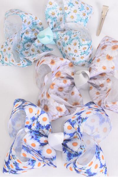 Hair Bow Jumbo Daisy Flower Mix Grosgrain Bow-tie /  12 pcs Bow = Dozen Daisy , Alligator Clip , Size - 6" x 5" Wide , 4 of each Pattern , Clip Strip & UPC Code