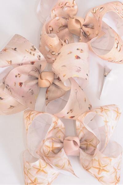 Hair Bow Jumbo Sandy Footprints Starfish Seashells Grosgrain Bow-tie /  12 pcs Bow = Dozen  Alligator Clip , Bow - 6" x 5" Wide , 4 of each Pattern Asst , Clip Strip & UPC Code
