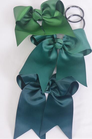 Hair Bow Extra Jumbo Long Tail Cheer Type Bow Hunter Green Elastic Grosgrain Bow-tie / 12 pcs Bow = Dozen Green Mix , Elastic , Size - 6.5" x 6" Wide , 4 Hunter Green , 4 Forest Green , 4 Spruce Color Asst , Clip Strip & UPC Code