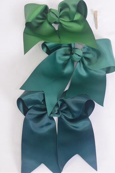 Hair Bow Extra Jumbo Long Tail Cheer Type Bow Spruces Hunter Green Forest Green Mix Grosgrain Bow-tie / 12 pcs Bow = Dozen Alligator Clip , Size - 6.5" x 6" Wide , 4 Spruces , 4 Hunter Green , 4 Forest Green Color Asst , Clip Strip & UPC Code