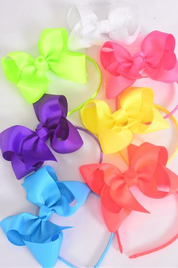 Headband Horseshoe Jumbo Caribbean Neon Grosgrain Bow-tie / 12 pcs = Dozen  Bow Size - 6" x 5" , 2 Turquoise , 2 Orange , 2 White , 2 Pink , 2 Purple , 1 Yellow , 1 Lime Mix , Display Card & UPC Code , W Clear Box