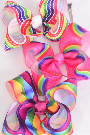 Hair Bow Jumbo Abstract Rainbow Tiedye Chevron Stripe Pattern Mix Grosgrain Bow-tie / 12 pcs Bow = Dozen Alligator Clip , Size - 6" x 5" Wide , 4 Of each Pattern Asst , Clip Strip and UPC Code