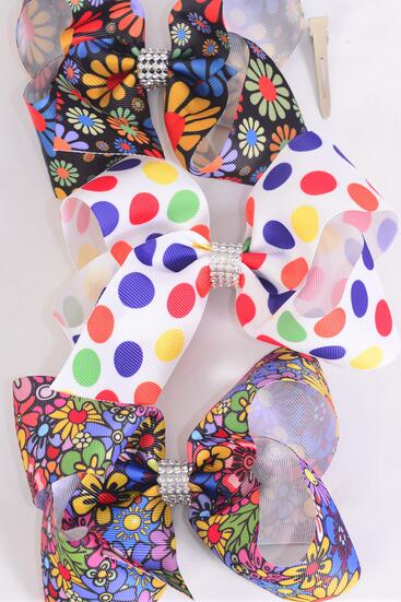 Hair Bow Jumbo Abstract Flower Power Peace Sign Polka dots Grosgrain Bow-tie / 12 pcs Bow = Dozen Alligator Clip , Size - 6" x 5" Wide , 4 of each Pattern Asst , Clip Strip & UPC Code