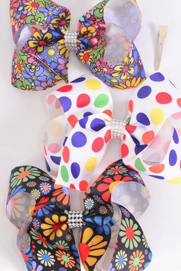 Hair Bow Jumbo Abstract Flower Power Peace Sign Polka dots Grosgrain Bow-tie / 12 pcs Bow = Dozen Alligator Clip , Size - 6" x 5" Wide , 4 of each Pattern Asst , Clip Strip & UPC Code