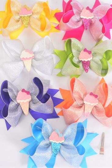 Hair Bow Jumbo Double Layered Metallic Ice Cream Charm Citrus Grosgrain Bow-tie / 12 pcs Bow = Dozen  Alligator Clip , Size - 6" x 5" Wide , 2 Fuchsia , 2 Blue , 2 Yellow , 2 Purple , 2 White , 1 Lime , 1 Orange Color Mix , Clip Strip & UPC Code