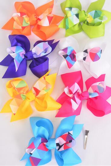 Hair Bow Jumbo Double Layered Geometric Contemporary Pattern Mix Grosgrain Bow-tie Multi / 12 pcs Bow = Dozen Alligator Clip , Size - 6" x 5" Wide , 2 Fuchsia , 2 Blue , 2 Yellow , 2 Purple , 2 White , 1 Lime , 1 Orange Color Mix , Clip Strip & UPC Code