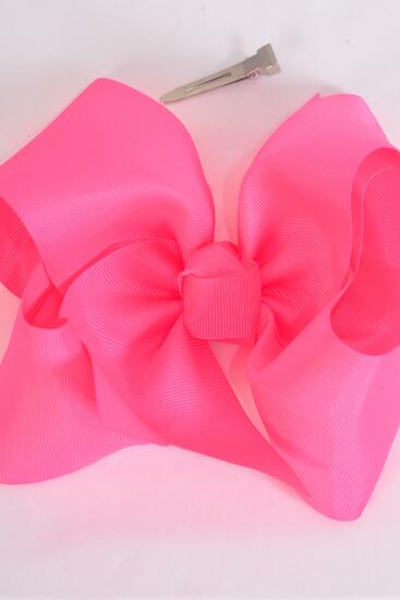 Hair Bow Extra Jumbo Cheer Type Bow Neon Pink Grosgrain Bow-tie / 12 pcs Bow = Dozen Neon Pink , Alligator Clip , Size - 8" x 7" Wide , Clip Strip & UPC Code