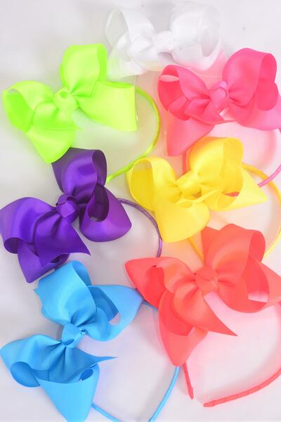 Headband Horseshoe Jumbo Caribbean Neon Grosgrain Bow-tie / 12 pcs = Dozen  Bow Size - 6" x 5" , 2 Turquoise , 2 Orange , 2 White , 2 Pink , 2 Purple , 1 Yellow , 1 Lime Mix , Display Card & UPC Code , W Clear Box