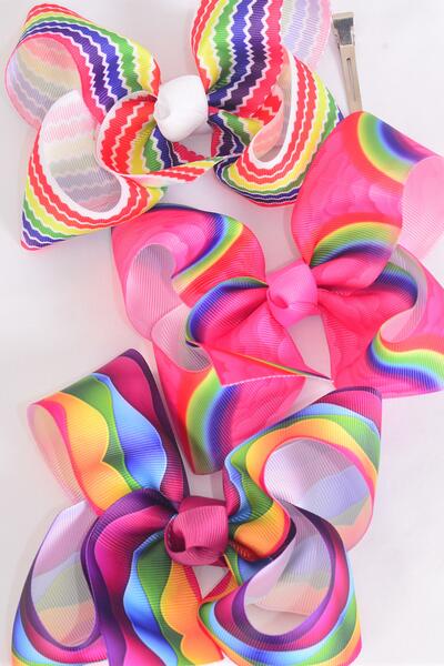 Hair Bow Jumbo Abstract Rainbow Tiedye Chevron Stripe Pattern Mix Grosgrain Bow-tie / 12 pcs Bow = Dozen Alligator Clip , Size - 6" x 5" Wide , 4 Of each Pattern Asst , Clip Strip and UPC Code