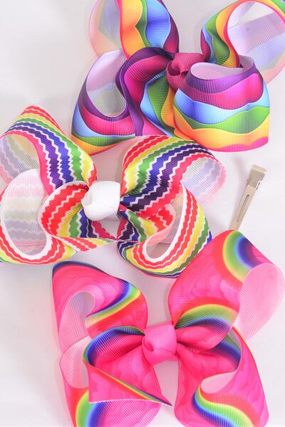 Hair Bow Jumbo Abstract Rainbow Tiedye Chevron Stripe Pattern Mix Grosgrain Bow-tie / 12 pcs Bow = Dozen Alligator Clip , Size - 6" x 5" Wide , 4 Of each Pattern Asst , Clip Strip and UPC Code
