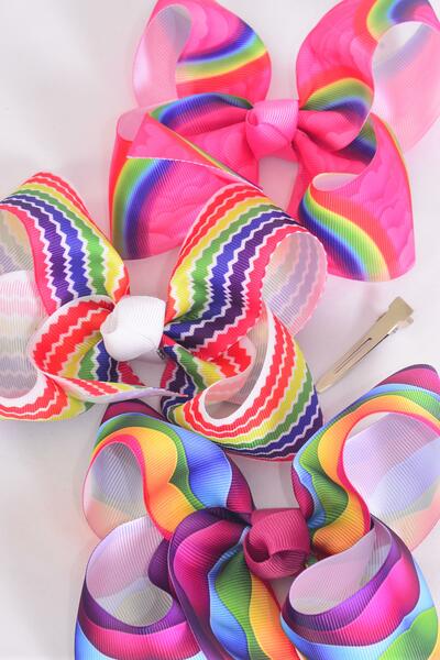 Hair Bow Jumbo Abstract Rainbow Tiedye Chevron Stripe Pattern Mix Grosgrain Bow-tie / 12 pcs Bow = Dozen Alligator Clip , Size - 6" x 5" Wide , 4 Of each Pattern Asst , Clip Strip and UPC Code