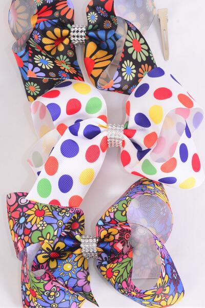 Hair Bow Jumbo Abstract Flower Power Peace Sign Polka dots Grosgrain Bow-tie / 12 pcs Bow = Dozen Alligator Clip , Size - 6" x 5" Wide , 4 of each Pattern Asst , Clip Strip & UPC Code
