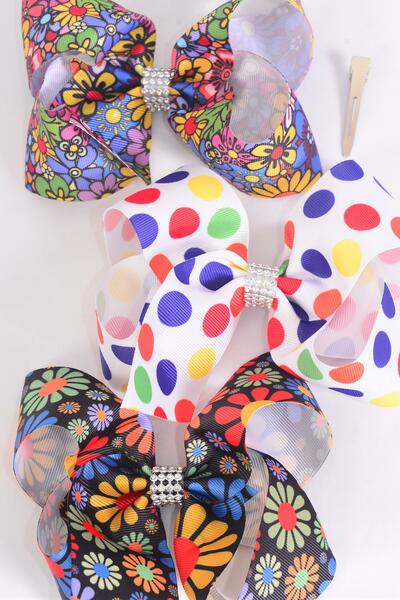 Hair Bow Jumbo Abstract Flower Power Peace Sign Polka dots Grosgrain Bow-tie / 12 pcs Bow = Dozen Alligator Clip , Size - 6" x 5" Wide , 4 of each Pattern Asst , Clip Strip & UPC Code