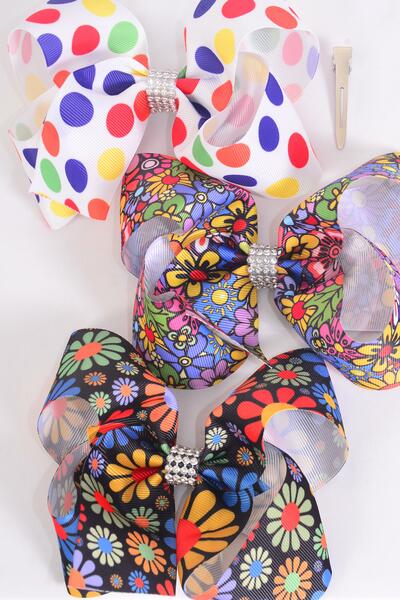 Hair Bow Jumbo Abstract Flower Power Peace Sign Polka dots Grosgrain Bow-tie / 12 pcs Bow = Dozen Alligator Clip , Size - 6" x 5" Wide , 4 of each Pattern Asst , Clip Strip & UPC Code