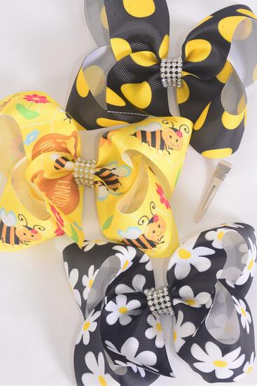 Hair Bow Jumbo Cute Honey Bee Daisy Flower Polka dots Mix Grosgrain Bow-tie / 12 pcs Bow = Dozen  Alligator Clip , Size - 6" x 5" Wide , 4 Of each Pattern Asst , Clip Strip and UPC Code