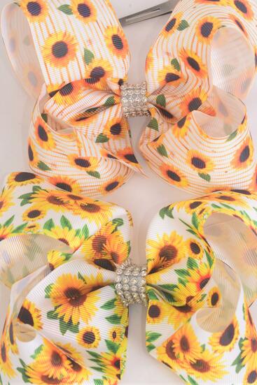 Hair Bow Jumbo Happy Sunflowers Grosgrain Bow-tie / 12 pcs Bow = Dozen  Alligator Clip , Size - 6" x 5" Wide , 6 Of Each Pattern Asst , Clip Strip & UPC Code
