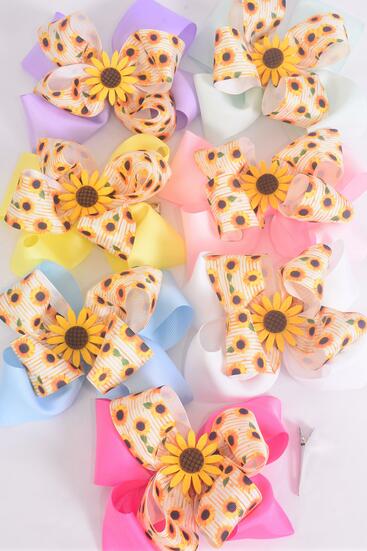 Hair Bow Jumbo Double Layered Happy Sunflower Charm Grosgrain Bow-tie Pastel / 12 pcs Bow = Dozen Alligator Clip , Size - 6"x 5" Wide , 2 White , 2 Baby Pink , 2 Hot Pink , 2 Lavender , 2 Mint , 1 Yellow ,1 Blue Color Asst , Clip Strip & UPC Code