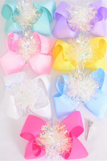 Hair Bow Jumbo Iridescent Grosgrain Bow-tie Pastel / 12 pcs Bow = Dozen Alligator Clip , Size - 6" x 5" Wide , 2 White , 2 Baby Pink , 2 Lavender , 2 Blue , 2 Yellow , 1 Hot Pink , 1 Mint Color Asst , Clip Strip & UPC Code
