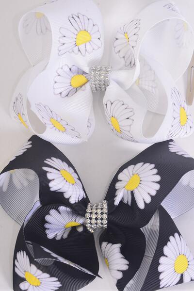 Hair Bow Jumbo Flower Daisy Black White Mix Grosgrain Bow-tie /  12 pcs Bow = Dozen Alligator Clip , Size - 6" x 5" Wide , 6 Black , 6 White Color Asst , Clip Strip and UPC Code