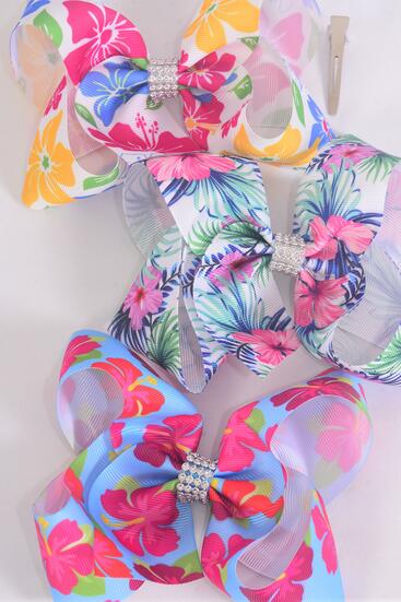 Hair Bow Jumbo Tropic Flowers Mix Grosgrain Bow-tie / 12 pcs Bow = Dozen Aloha , Alligator Clip , Size - 6" x 5" Wide , 4 Of Each Pattern Asst , Clip Strip & UPC Code