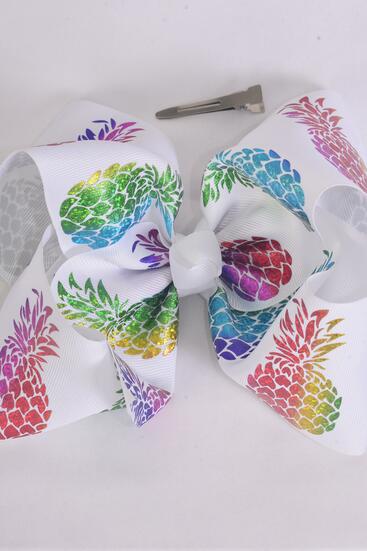 Hair Bow Jumbo Pineapple Iridescent Holographic  Grosgrain Bow-tie / 12 pcs Bow = Dozen Holographic , Alligator Clip , Size - 6" x 5" Wide , Clip Strip & UPC Code
