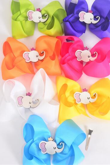 Hair Bow Jumbo Metallic Elephant Charm Citrus Grosgrain Bow-tie / 12 pcs Bow = Dozen  Alligator Clip , Size - 6" x 5" Wide , 2 Fuchsia , 2 Turquoise , 2 White , 2 Purple , 2 Yellow , 1 Orange , 1 Lime Color Asst , Clip Strip & UPC Code
