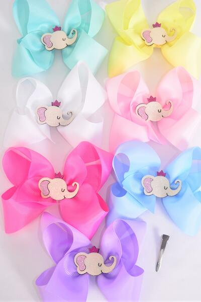 Hair Bow Jumbo Metallic Elephant Charm Pastel Grosgrain Bow-tie / 12 pcs Bow = Dozen Alligator Clip , Size - 6" x 5" Wide , 2 White , 2 Pink , 1 Blue , 1 Yellow , 2 Lavender , 2 Hot Pink ,2 Mint Green Color Asst , Clip Strip & UPC Code